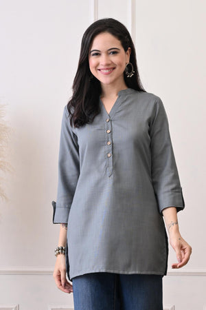 Grey Embroidered Cotton Kurti (AM-TO-3027)