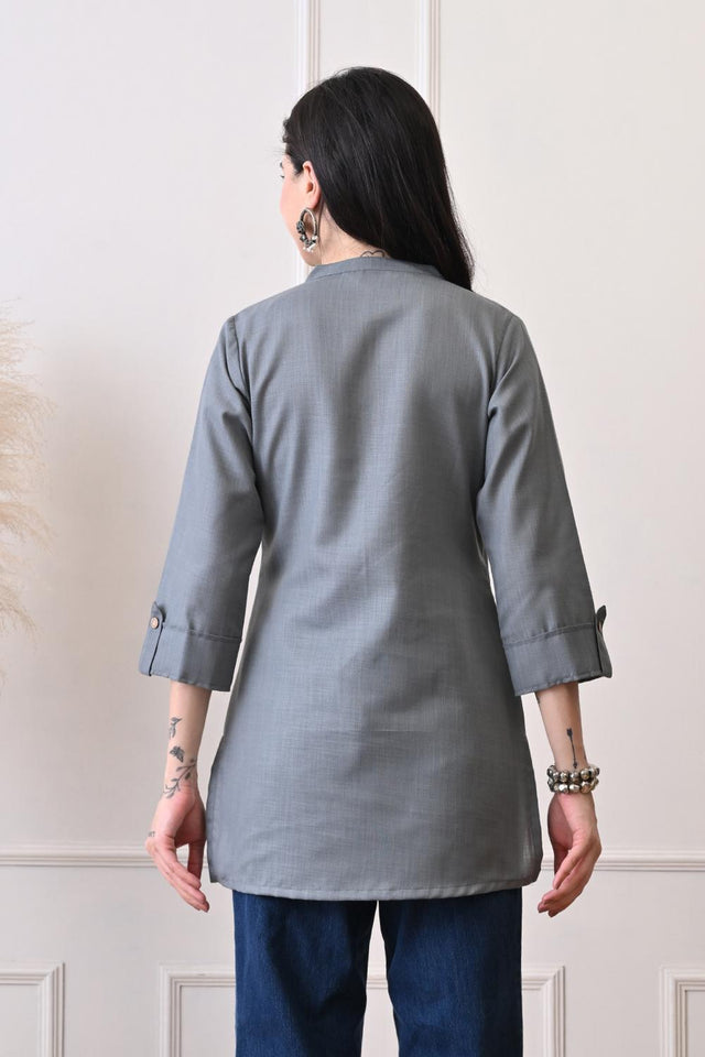 Grey Embroidered Cotton Kurti (AM-TO-3027)