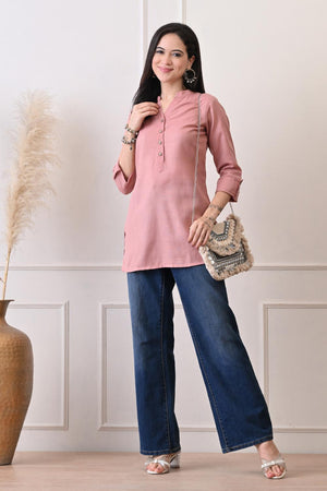 Peach Embroidered Cotton Kurti (AM-TO-3029)