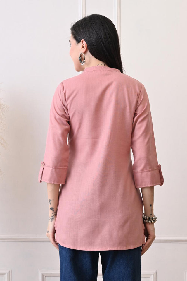 Peach Embroidered Cotton Kurti (AM-TO-3029)