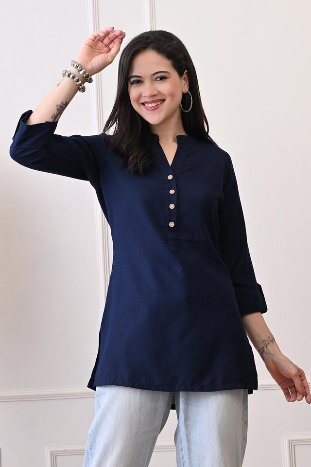 Blue Embroidered Cotton Kurti (AM-TO-3030)