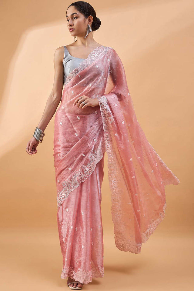 Peach Poly Chiffon Woven Saree