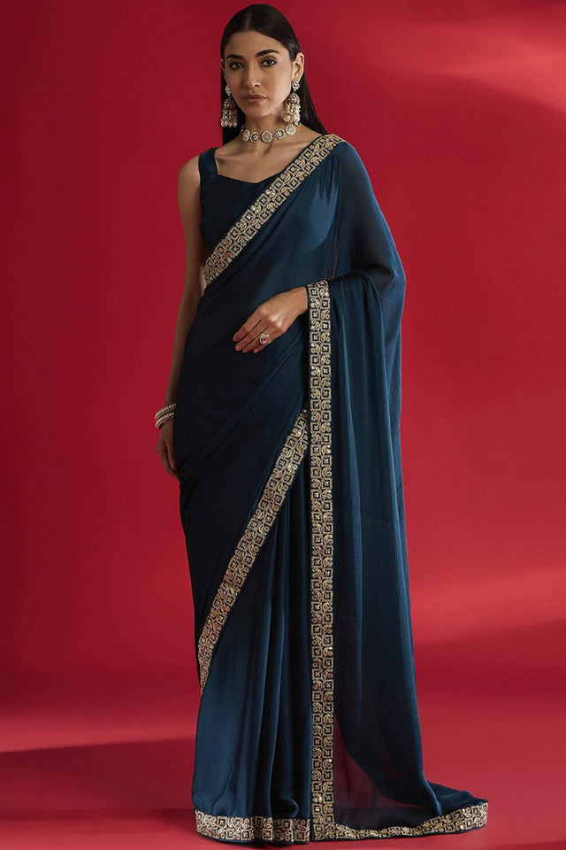 Blue Sequin with Embroidered Silk Saree (AMIRA-BLUE)