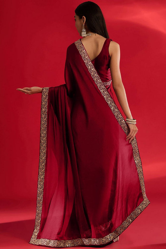 Red Sequin with Embroidered Silk Saree (AMIRA-RED)