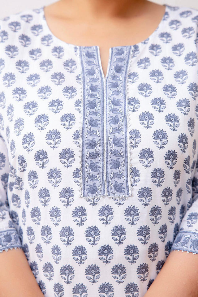 White Printed Cotton Kurti (AMKD0142-3XL)