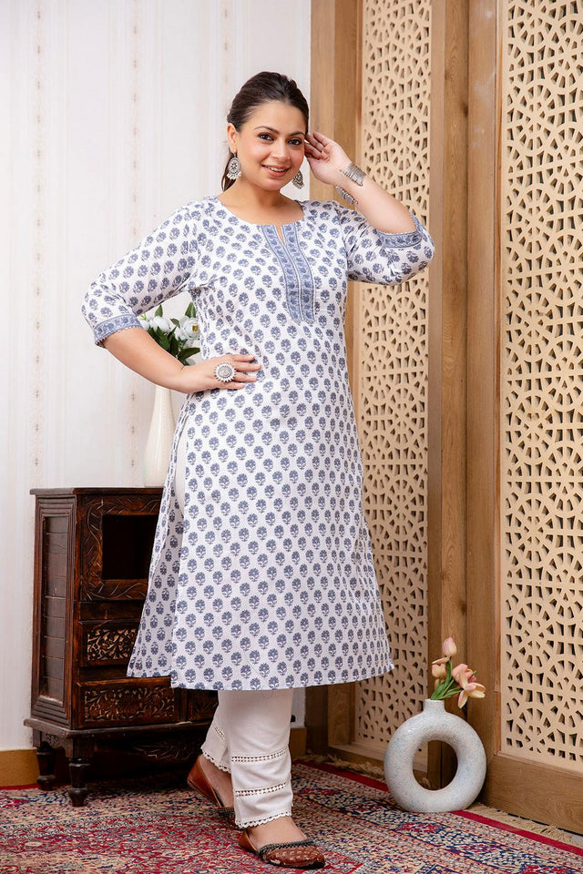 White Printed Cotton Kurti (AMKD0142-3XL)