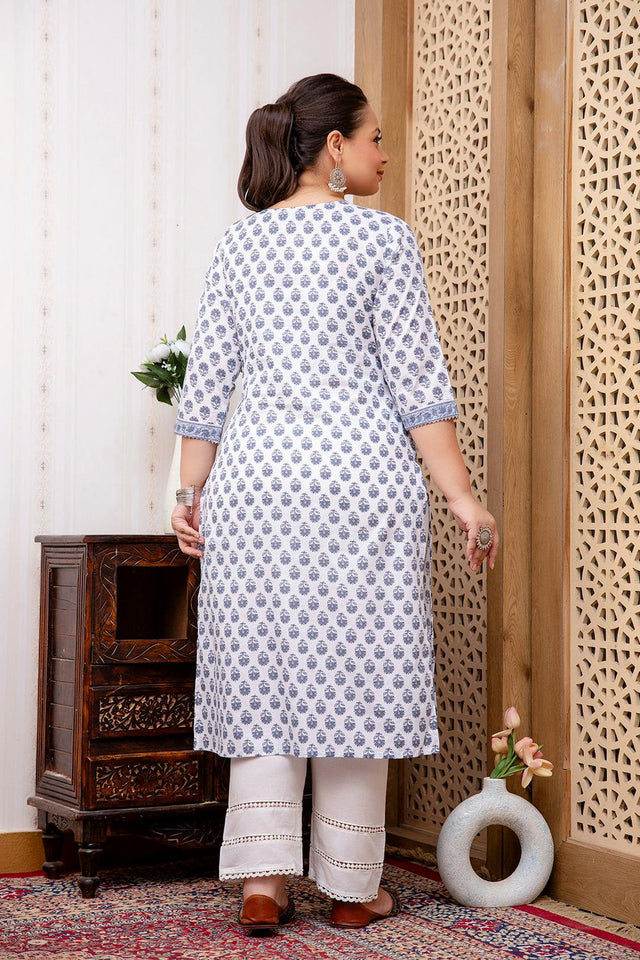 White Printed Cotton Kurti (AMKD0142-3XL)