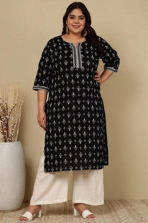 Black Printed Cotton Kurti (AMKD0144-3XL)