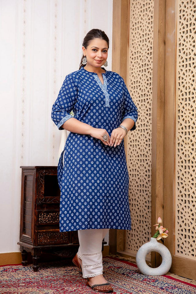Blue Printed Cotton Kurti (AMKD0145-4XL)