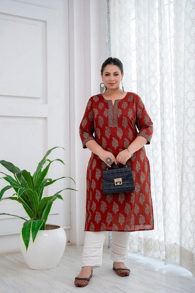Maroon Printed Cotton Kurti (AMKD0147-3XL)