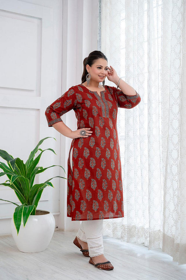 Maroon Printed Cotton Kurti (AMKD0147-3XL)
