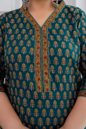 Green Printed Cotton Kurti (AMKD0148-3XL)