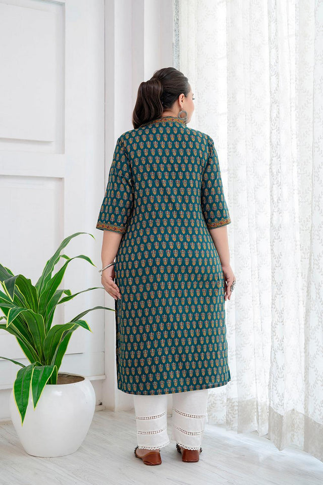 Green Printed Cotton Kurti (AMKD0148-3XL)