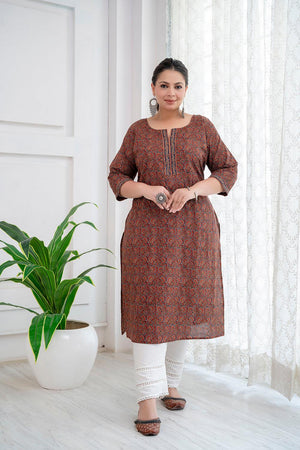 Rust Printed Cotton Kurti (AMKD0150-4XL)