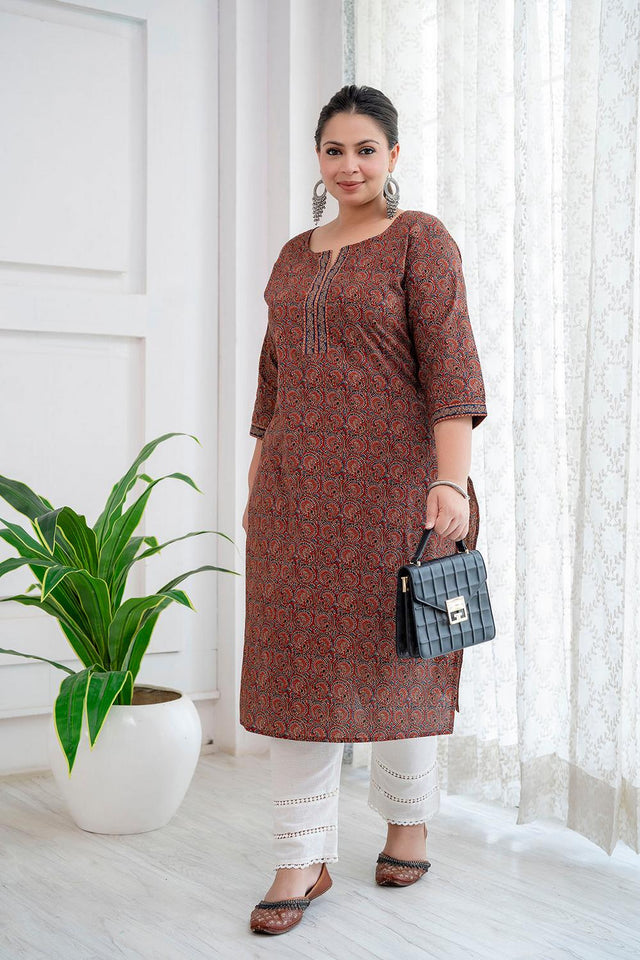 Rust Printed Cotton Kurti (AMKD0150-4XL)