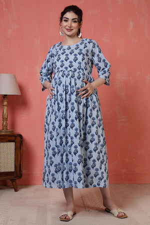Blue Printed Cotton Dress (AMND0138)