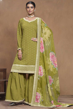 Dark-Green Embroidered Silk Palazzo Suit Set (ANAYA 197-9703)