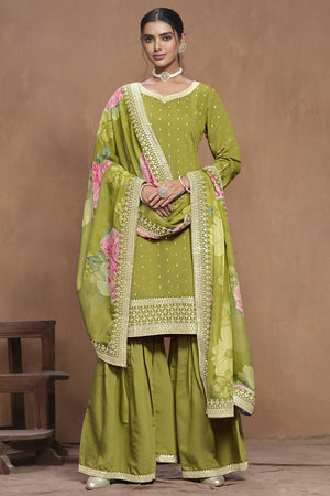 Dark-Green Embroidered Silk Palazzo Suit Set (ANAYA 197-9703)
