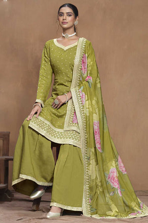 Dark-Green Embroidered Silk Palazzo Suit Set (ANAYA 197-9703)