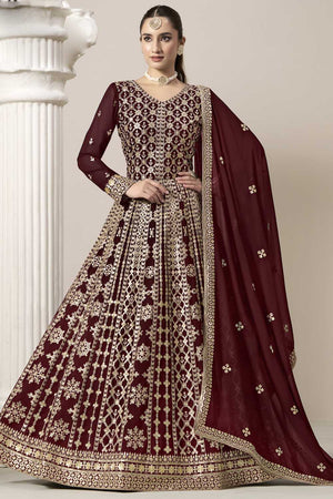 Maroon Embroidered Net Gown (ANAYA VOL-206-d)