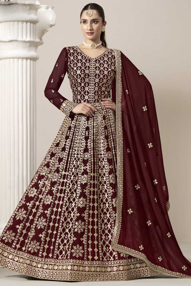 Maroon Embroidered Net Gown (ANAYA VOL-206-d)