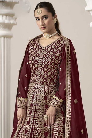 Maroon Embroidered Net Gown (ANAYA VOL-206-d)