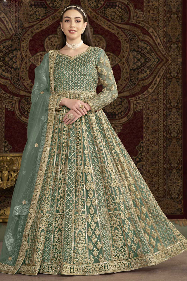 Sea-Green Sequin with Embroidered Net Gown (ANAYA VOL-209-b)