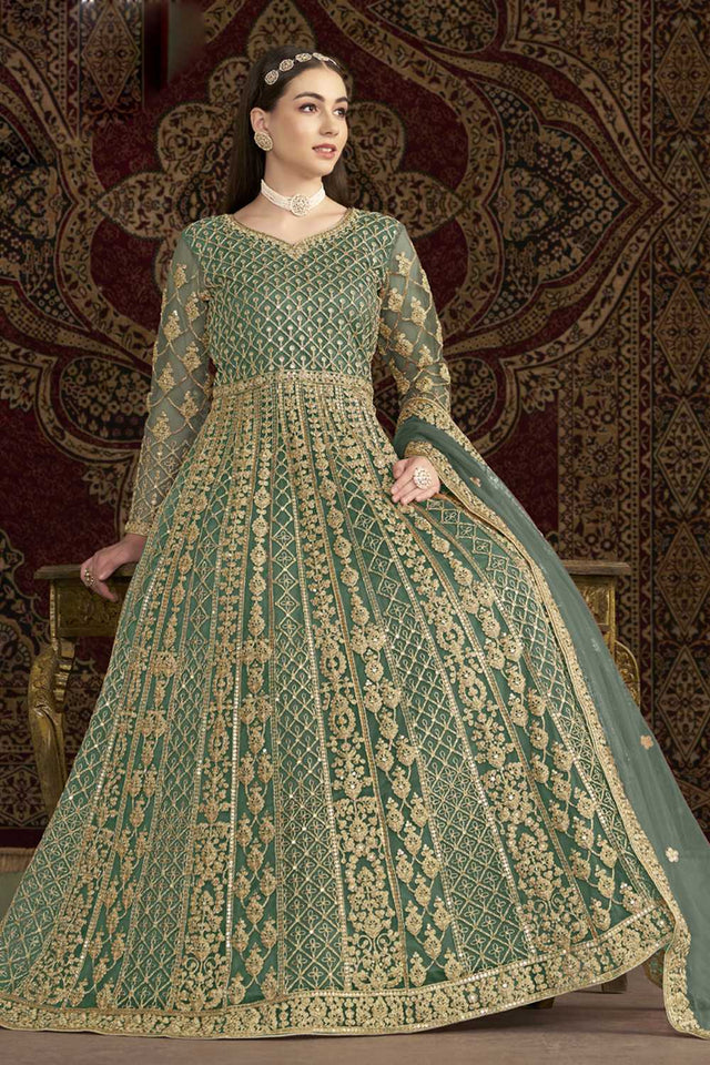 Sea-Green Sequin with Embroidered Net Gown (ANAYA VOL-209-b)