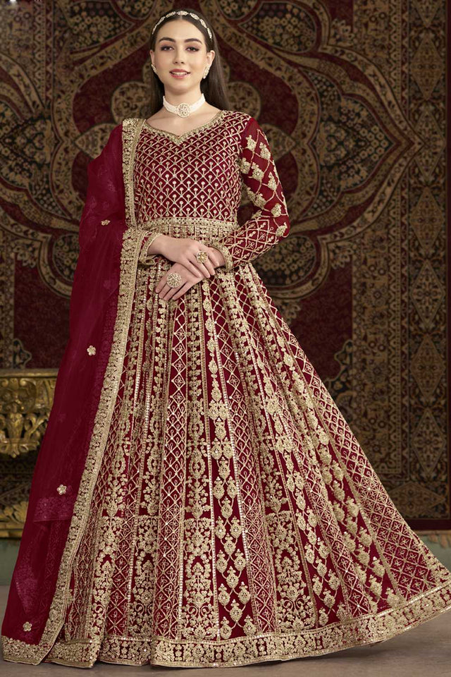 Maroon Sequin with Embroidered Net Gown (ANAYA VOL-210-b)
