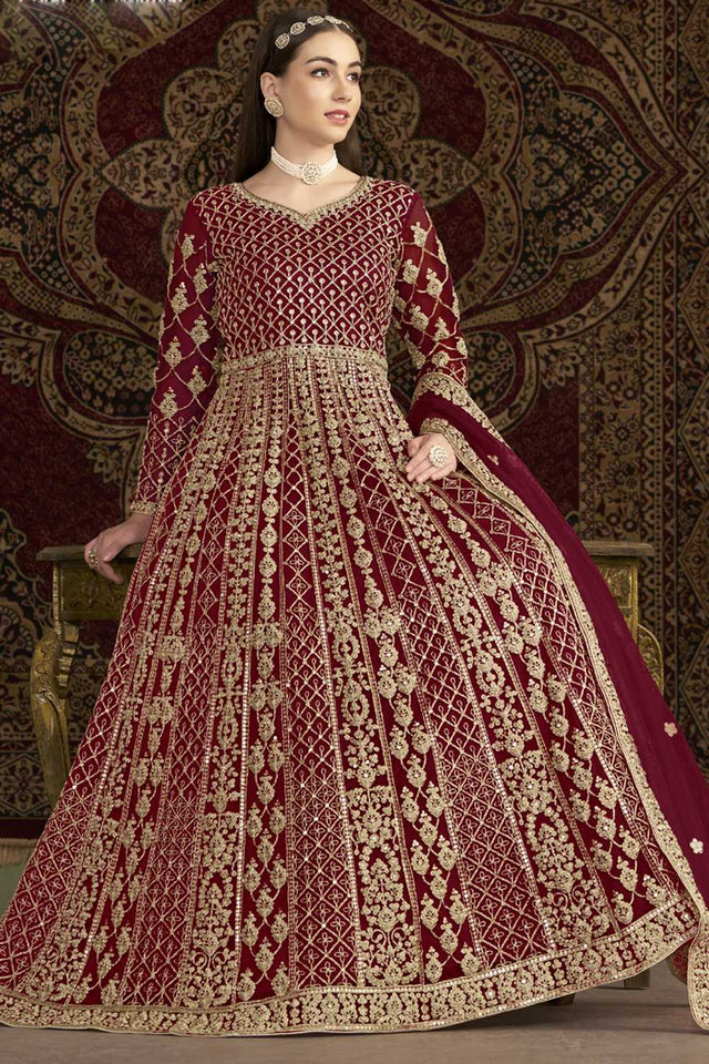 Maroon Sequin with Embroidered Net Gown (ANAYA VOL-210-b)