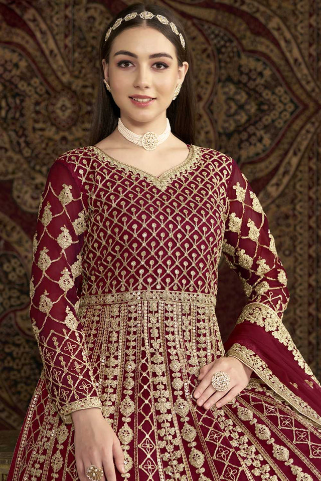 Maroon Sequin with Embroidered Net Gown (ANAYA VOL-210-b)