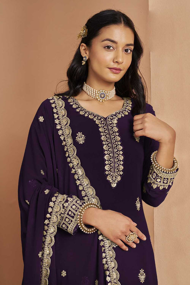 Violet Embroidered Georgette Sharara Suit Set (ANAYA VOL-211-b)