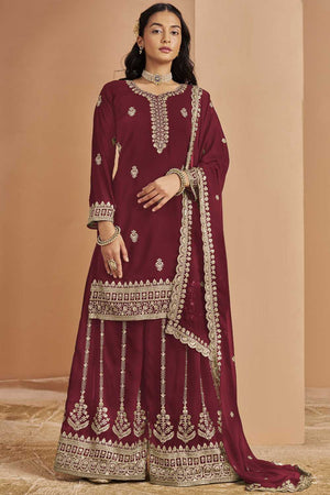 Maroon Embroidered Georgette Sharara Suit Set (ANAYA VOL-211-d)
