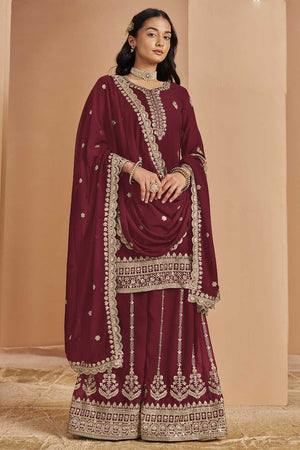 Maroon Embroidered Georgette Sharara Suit Set (ANAYA VOL-211-d)