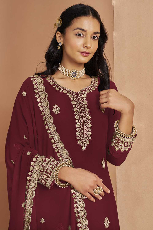 Maroon Embroidered Georgette Sharara Suit Set (ANAYA VOL-211-d)