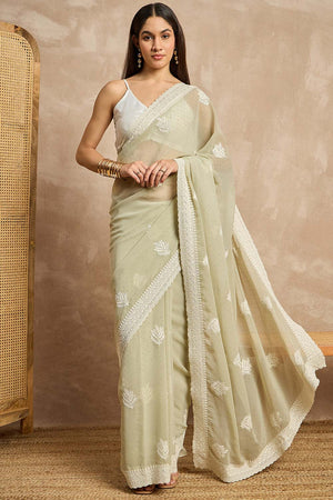 Green Pure Georgette Woven Saree