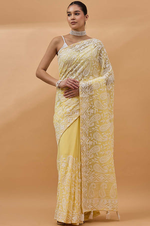 Yellow Pure Georgette Woven Saree