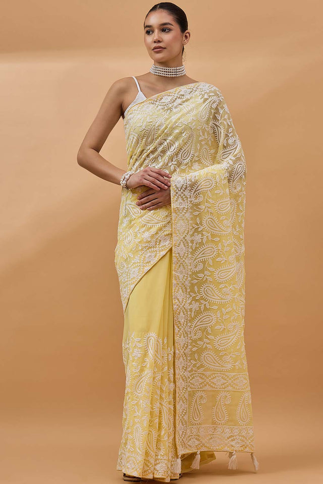 Yellow Pure Georgette Woven Saree