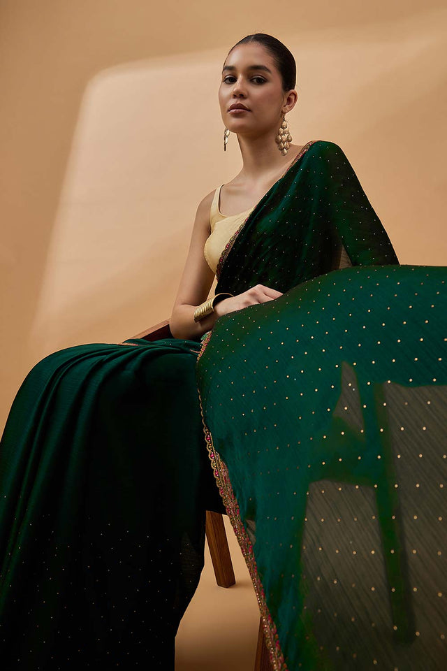Green Poly Chiffon Woven Saree (AOHGGO4F2103)