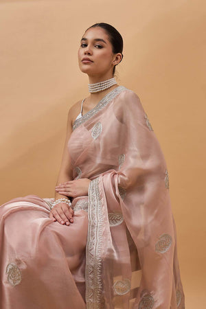 Peach Organza Woven Saree