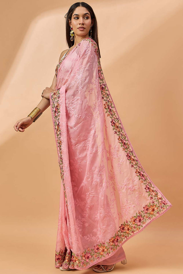 Pink Silk Chiffon Woven Saree
