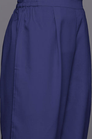 Navy Blue Cotton Blend Solid Straight V-Neck Co-Ord Set