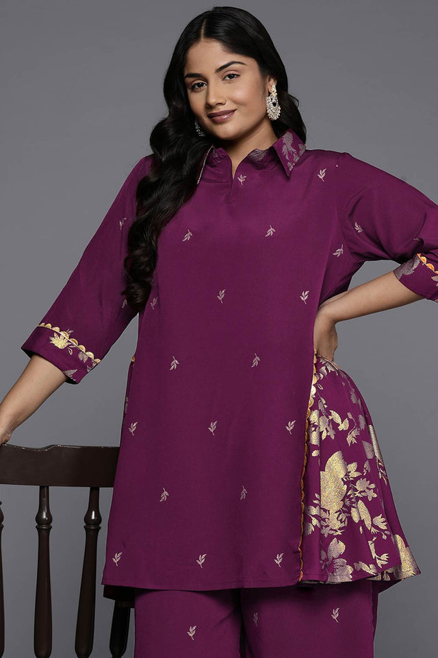 Purple Polyester Printed Straight Shirt Collar Co-Ord Set