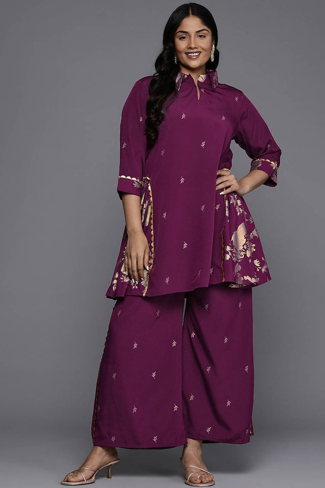 Purple Polyester Printed Straight Shirt Collar Co-Ord Set