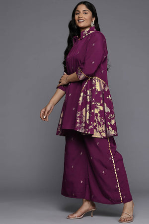 Purple Polyester Printed Straight Shirt Collar Co-Ord Set