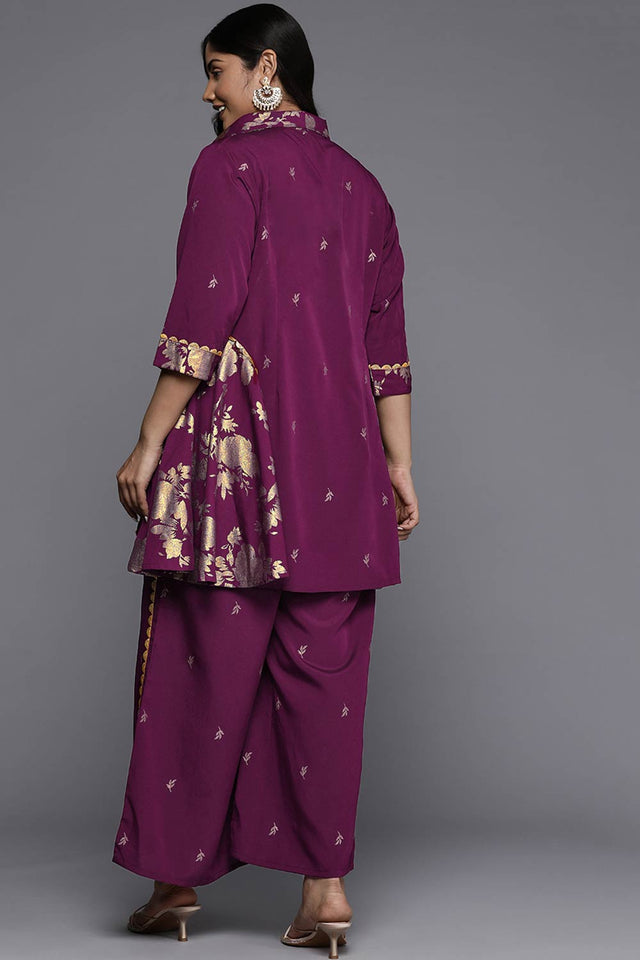 Purple Polyester Printed Straight Shirt Collar Co-Ord Set