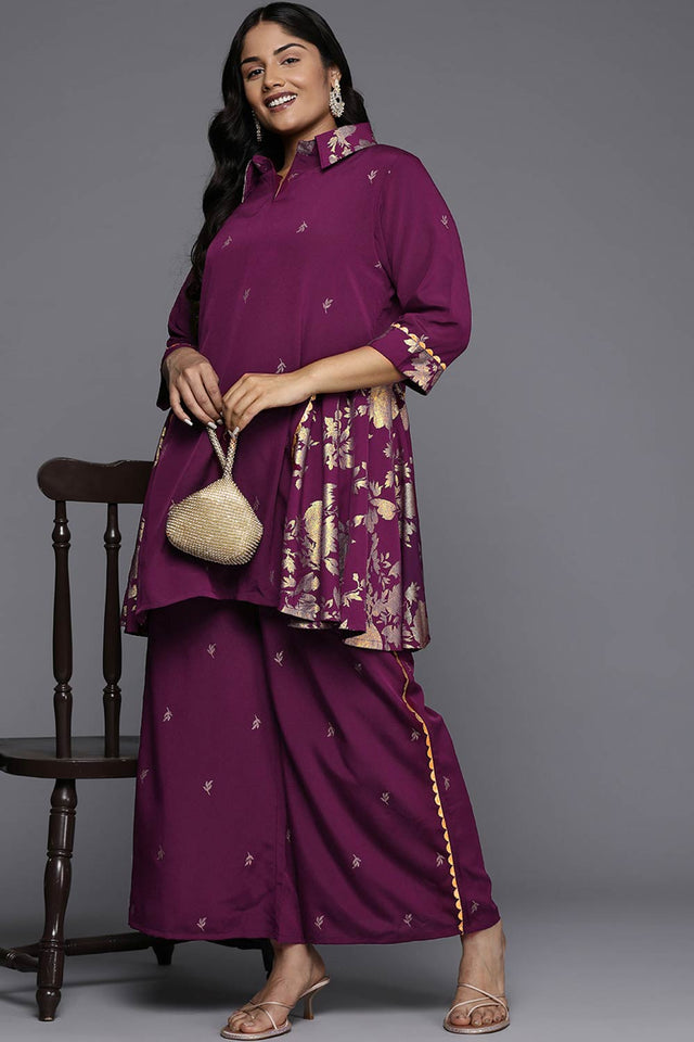 Purple Polyester Printed Straight Shirt Collar Co-Ord Set