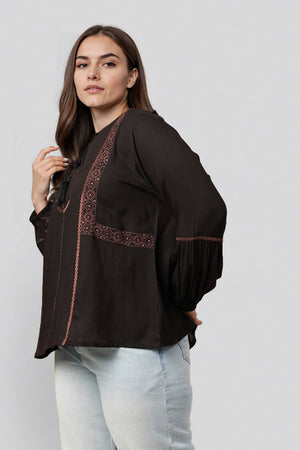 Black Embroidered Viscose Tops & Tunics