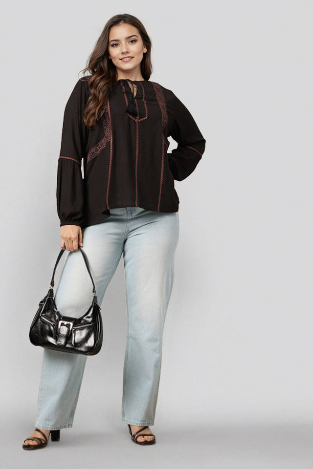 Black Embroidered Viscose Tops & Tunics