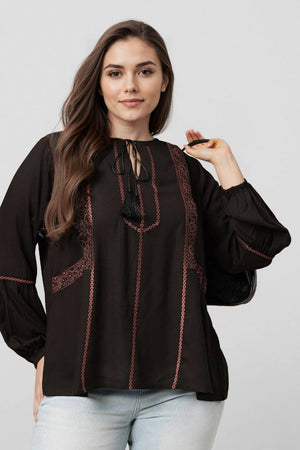 Black Embroidered Viscose Tops & Tunics